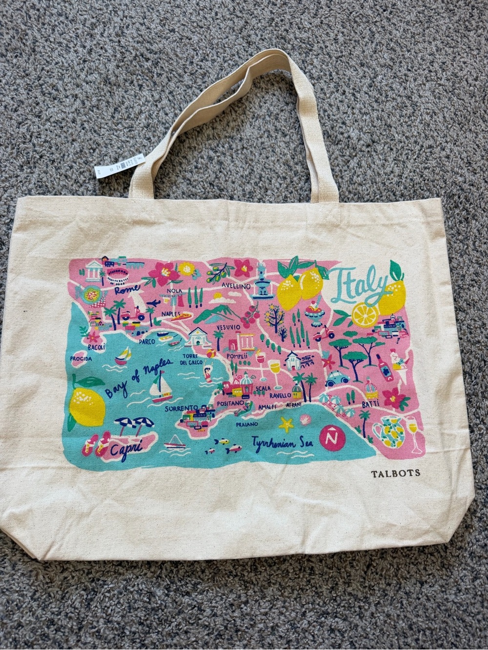 Talbots Italy Map Canvas Tote Bag - Pink & Teal
